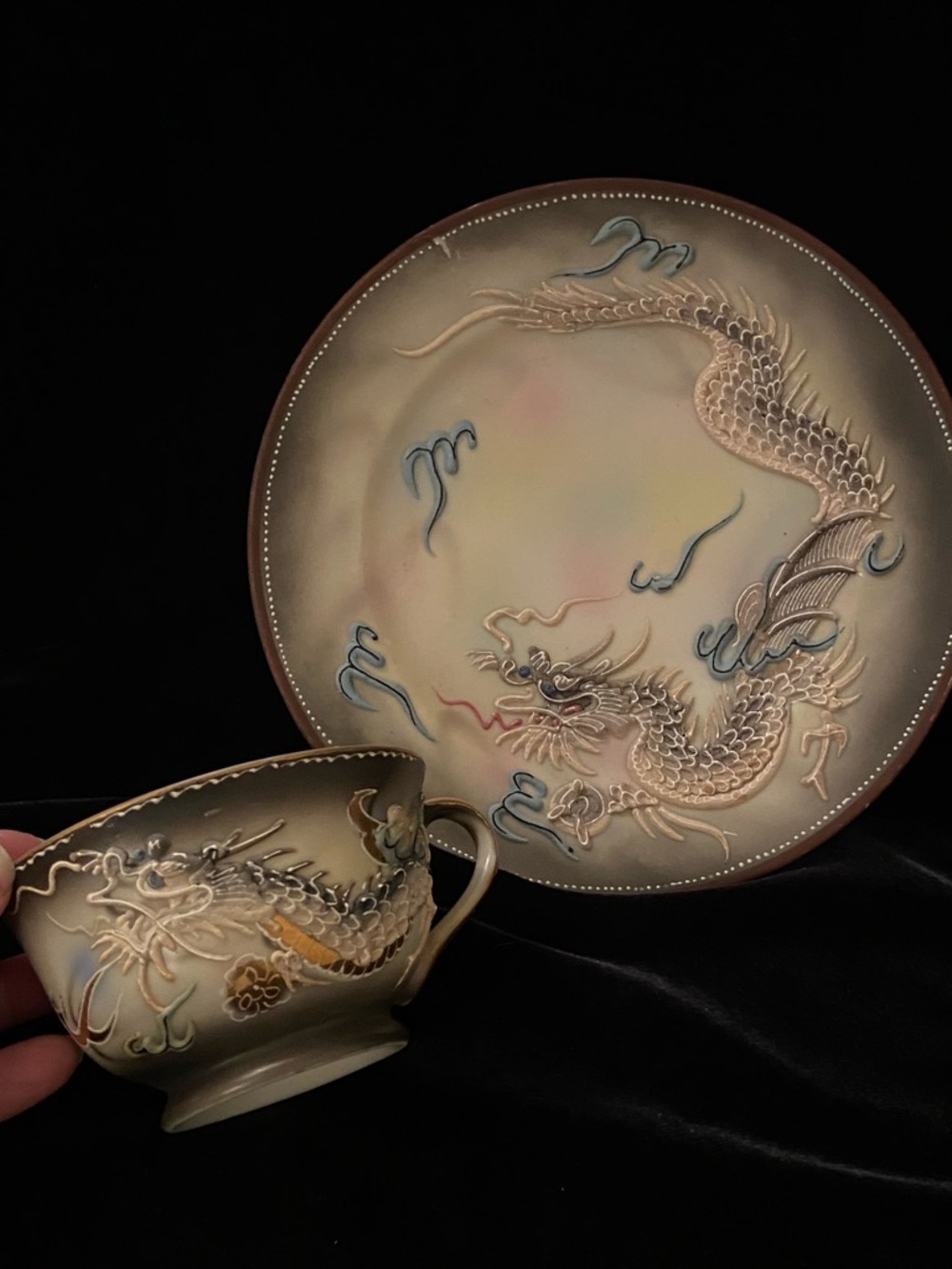 Vintage Dragonware Moriage Black/Gray with Beading Teacup and Plate Japan EUC